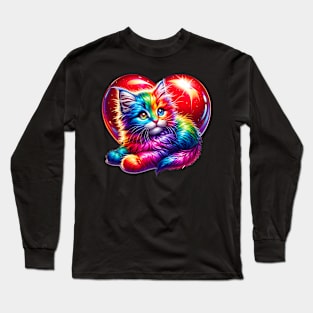 Cute Multicolor Cat Heart Valentines Day for Kitties Lovers Long Sleeve T-Shirt